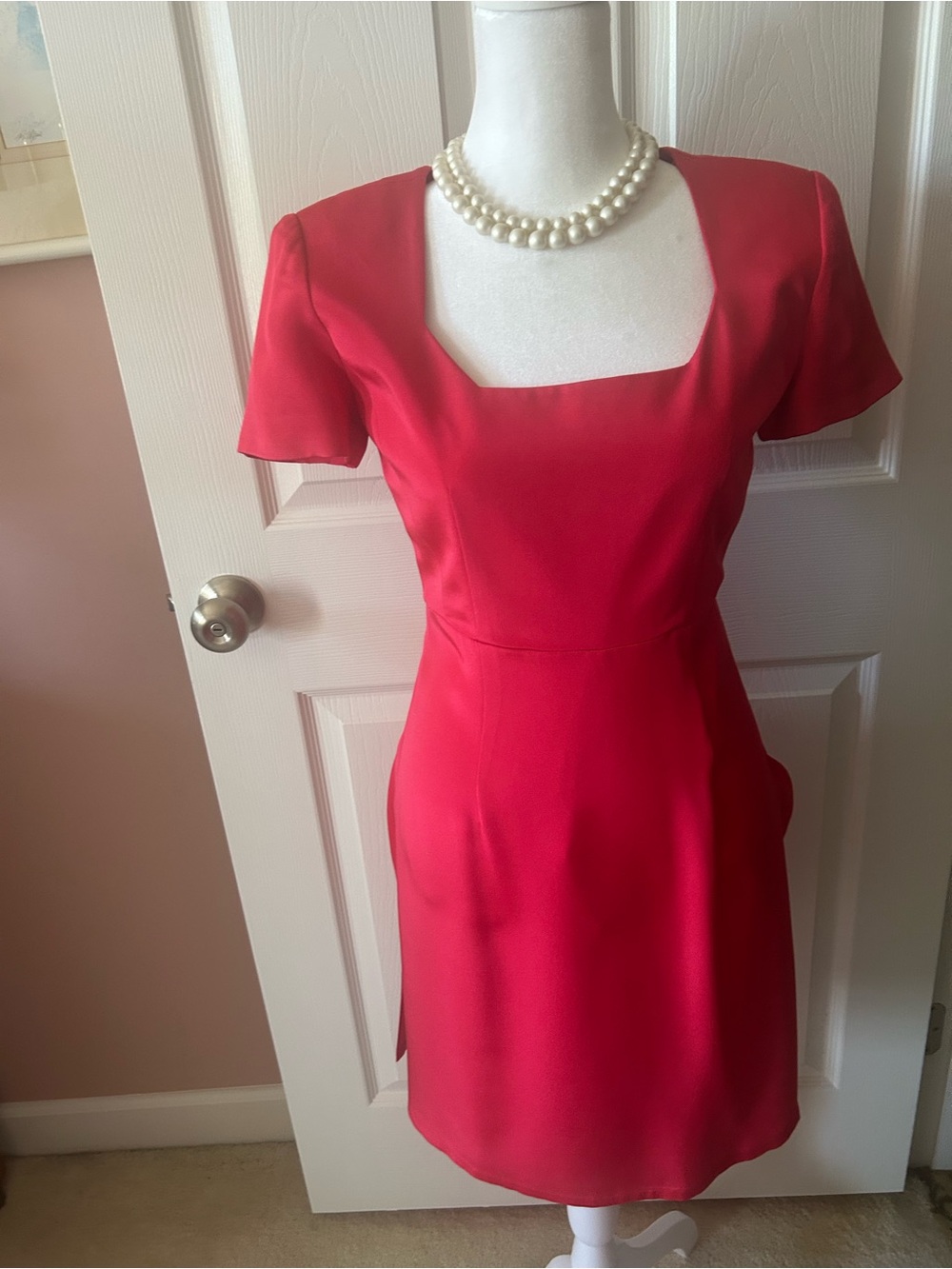 Gillian Red Silk Dress with Hexagon Neckline and Slit on Sides